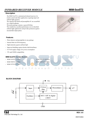 MIM-5365T2 datasheet - INFRARED RECEIVER MODULE