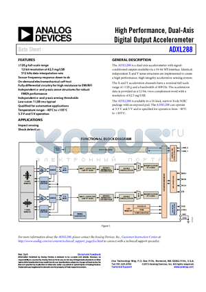 ADXL288 datasheet - High Performance, Dual-Axis Digital Output Accelerometer