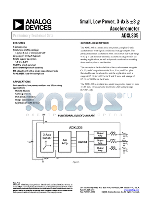 ADXL335 datasheet - Small, Low Power, 3-Axis a3 g Accelerometer