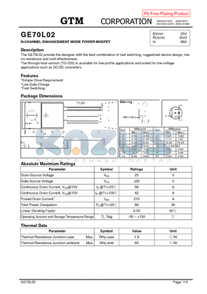 GE70L02 datasheet - N-CHANNEL ENHANCEMENT MODE POWER MOSFET