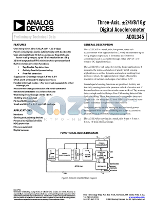 ADXL345BCCZ1 datasheet - Three-Axis, a2/4/8/16g Digital Accelerometer