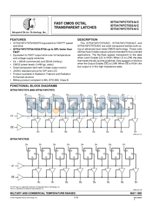 IDT54FCT533 datasheet - FAST CMOS OCTAL TRANSPARENT LATCHES