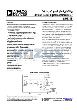 ADXL346 datasheet - 3-Axis, a2 g/a4 g/a8 g/a16 g Ultralow Power DIgital Accelerometer