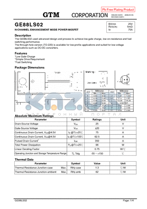 GE88LS02 datasheet - N-CHANNEL ENHANCEMENT MODE POWER MOSFET