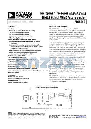 ADXL362 datasheet - Micropower Three-Axis a2g/a4g/a8g