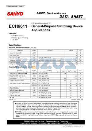 ECH8611 datasheet - P-Channel Silicon MOSFET General-Purpose Switching Device