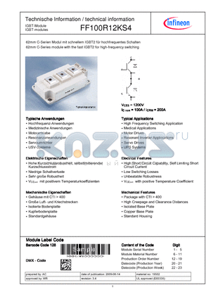 FF100R12KS4 datasheet - 62mm C-Series module with the fast IGBT2 for high-frequency switching