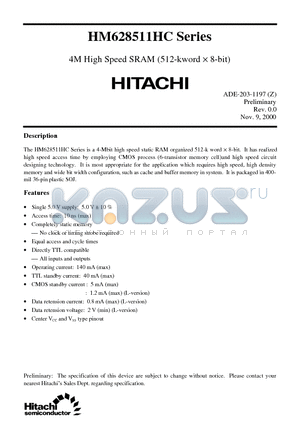 HM628511HCJP-10 datasheet - 4M High Speed SRAM (512-kword x 8-bit)