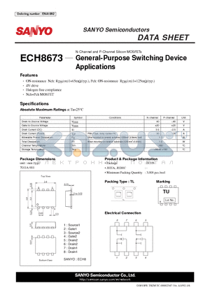 ECH8673 datasheet - N-Channel and P-Channel Silicon MOSFETs General-Purpose Switching Device Applications