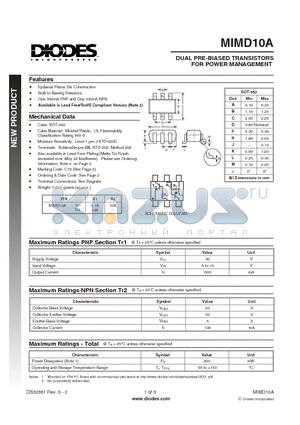 MIMD10A-7 datasheet - DUAL PRE-BIASED TRANSISTORS FOR POWER MANAGEMENT