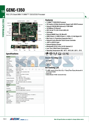 GENE-1350 datasheet - RISC CPU Board With TI OMAP 3503/3530 Processor