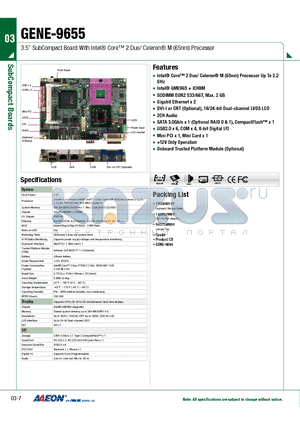 GENE-9655 datasheet - 3.5 SubCompact Board With Intel Core 2 Duo/ Celeron M (65nm) Processor