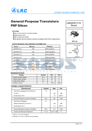 L8550HPLT1G datasheet - General Purpose Transistors PNP Silicon Epitaxial planar type.