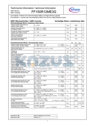 FF150R12ME3G datasheet - EconoDUAL module with trench/fieldstop IGBT3 and EmCon High Efficiency diode