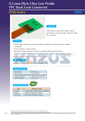 FF20-20A-R11A datasheet - 0.3 mm Pitch Ultra Low Profile FPC Back Lock Connector