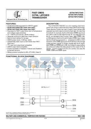 IDT54FCT543CPB datasheet - FAST CMOS OCTAL LATCHED TRANSCEIVER