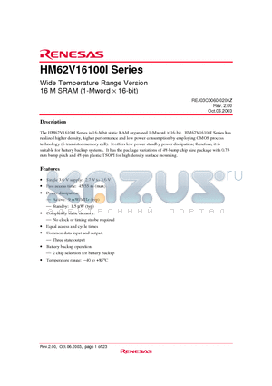 HM62V16100I datasheet - Wide Temperature Range Version 16 M SRAM (1-Mword  16-bit)