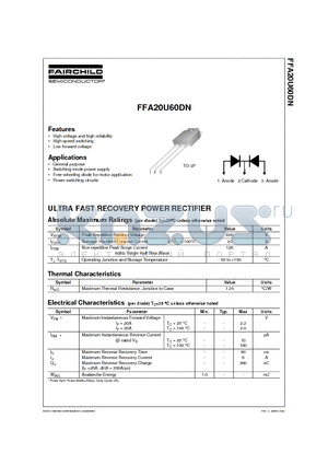 FFA20U60DN datasheet - ULTRA FAST RECOVERY POWER RECTIFIER