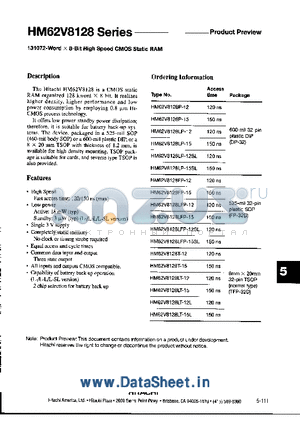 HM62V8128LT-15L datasheet - 131072-Word x 8-Bit Speed CMOS Static RAM