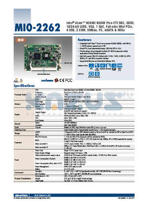MIO-2262 datasheet - Intel^ Atom N2600/ N2800 Pico-ITX SBC, DDR3, 18/24-bit LVDS, VGA, 1 GbE, Full-size Mini PCIe, 18/24-bit LVDS, VGA, 1 GbE, Full-size Mini PCIe,