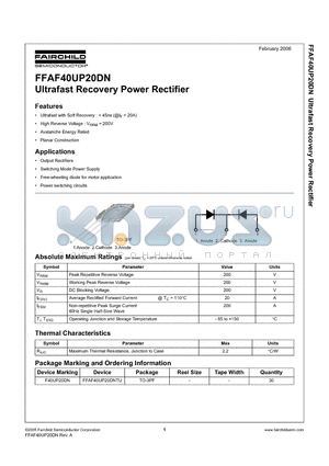 FFAF40UP20DN datasheet - Ultrafast Recovery Power Rectifier