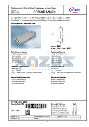 FF600R12ME4 datasheet - EconoDUAL3 module with Trench/Fieldstop IGBT4 and Emitter Controlled Diode and NTC
