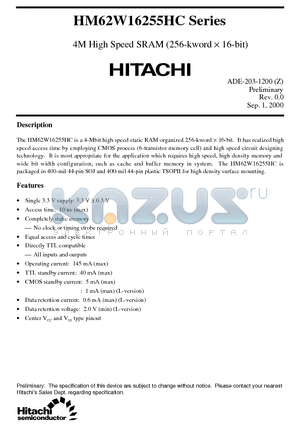 HM62W16255HCJP-10 datasheet - 4M High Speed SRAM (256-kword x 16-bit)