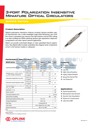 MIOC13100031122 datasheet - 3-port Polarization Insensitive Miniature Optical Circulators