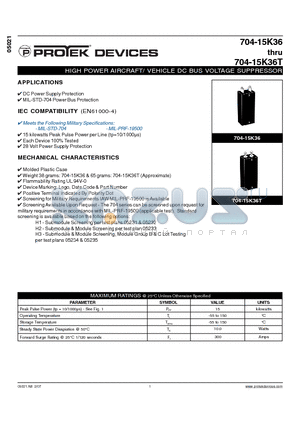 704-15K36 datasheet - HIGH POWER AIRCRAFT/ VEHICLE DC BUS VOLTAGE SUPPRESSOR