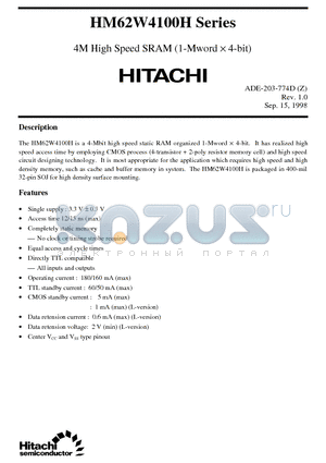 HM62W4100HLJP-15 datasheet - 4M High Speed SRAM (1-Mword x 4-bit)