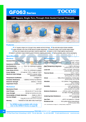 GF063S1TB105K datasheet - 1/4 Square, Single-Turn, Through-Hole Sealed Cermet Trimmers