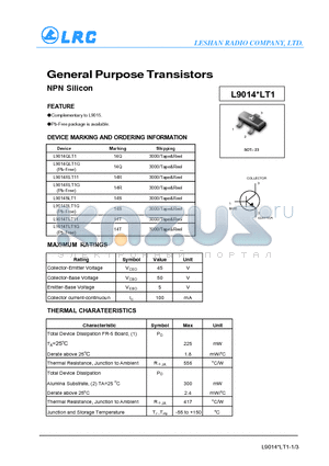 L9014RLT11 datasheet - General Purpose Transistors NPN Silicon