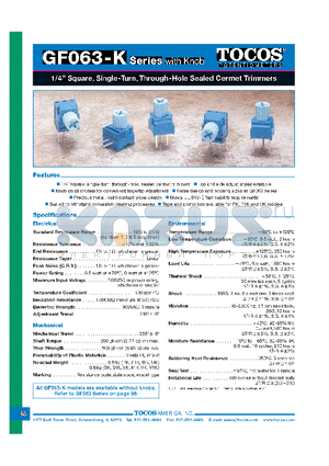 GF063SKT2B100M datasheet - 1/4 SQUARE, SINGLE-TURN, THROUGH-HOLE SEALED CERMET TRIMMERS