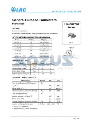 L9015RLT1G datasheet - General Purpose Transistors PNP Silicon