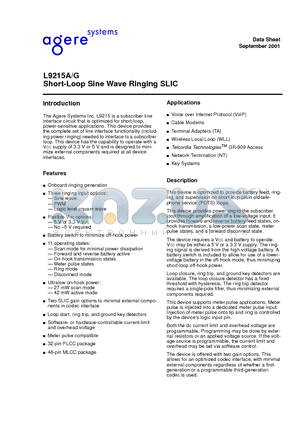 L9215A datasheet - Short-Loop Sine Wave Ringing SLIC