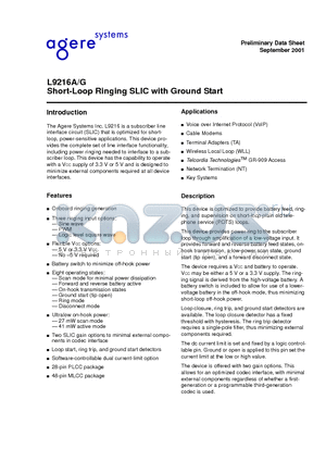 L9216A datasheet - Short-Loop Ringing SLIC with Ground Start