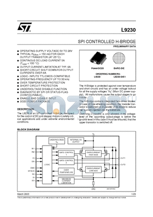 L9230 datasheet - SPI CONTROLLED H-BRIDGE