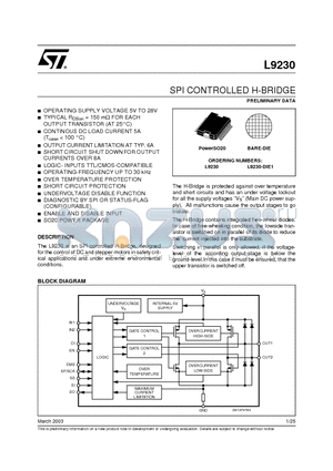 L9230-DIE1 datasheet - SPI CONTROLLED H-BRIDGE