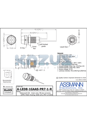 AE10587 datasheet - WATERPROOF LED - GREEN COLOR, M8 SIZE CONNECTOR