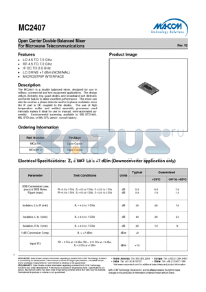 MC2407 datasheet - Open Carrier Double-Balanced Mixer For Microwave Telecommunications