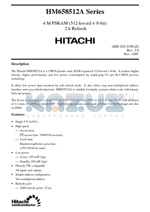 HM658512ALFP-10 datasheet - 4 M PSRAM (512-kword x 8-bit) 2 k Refresh