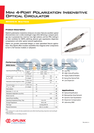 MIOC159004PD2H4 datasheet - Mini 4-Port Polarization Insensitive Optical Circulator