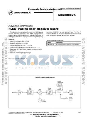 MC2800EVK datasheet - FLEX Paging RF/IF Receiver Board