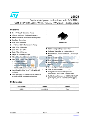 L9803 datasheet - Super smart power motor driver with 8-Bit MCU, RAM, EEPROM, ADC, WDG, Timers, PWM and H-bridge driver