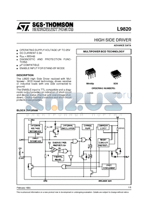 L9820D datasheet - HIGH SIDE DRIVER