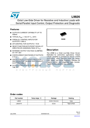 L9826_05 datasheet - Octal Low-Side Driver for Resistive and Inductive Loads with Serial/Parallel Input Control, Output Protection and Diagnostic