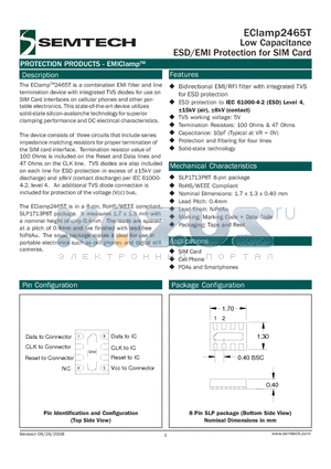 ECLAMP2465T datasheet - Low Capacitance ESD/EMI Protection for SIM Card