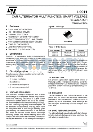 L9911A datasheet - CAR ALTERNATOR MULTIFUNCTION SMART VOLTAGE REGULATOR