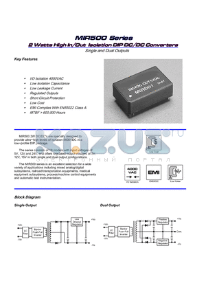 MIR500 datasheet - 2 Watts High In/Out Isolation DIP DC/DC Converters Single and Dual Outputs