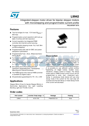 L9942 datasheet - Integrated stepper motor driver for bipolar stepper motors with microstepping and programmable current profile